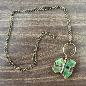 Chrysoprase Slice Necklace with Brass Chain - 16" Chain